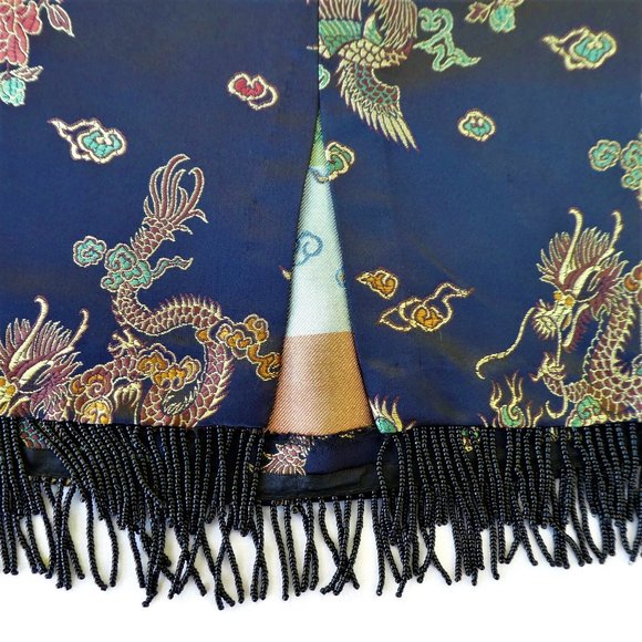 Vintage 90s Clio Black Satin Skirt Asian Dragons Floral Embroidery Bead Fringe 8 - Picture 6 of 12